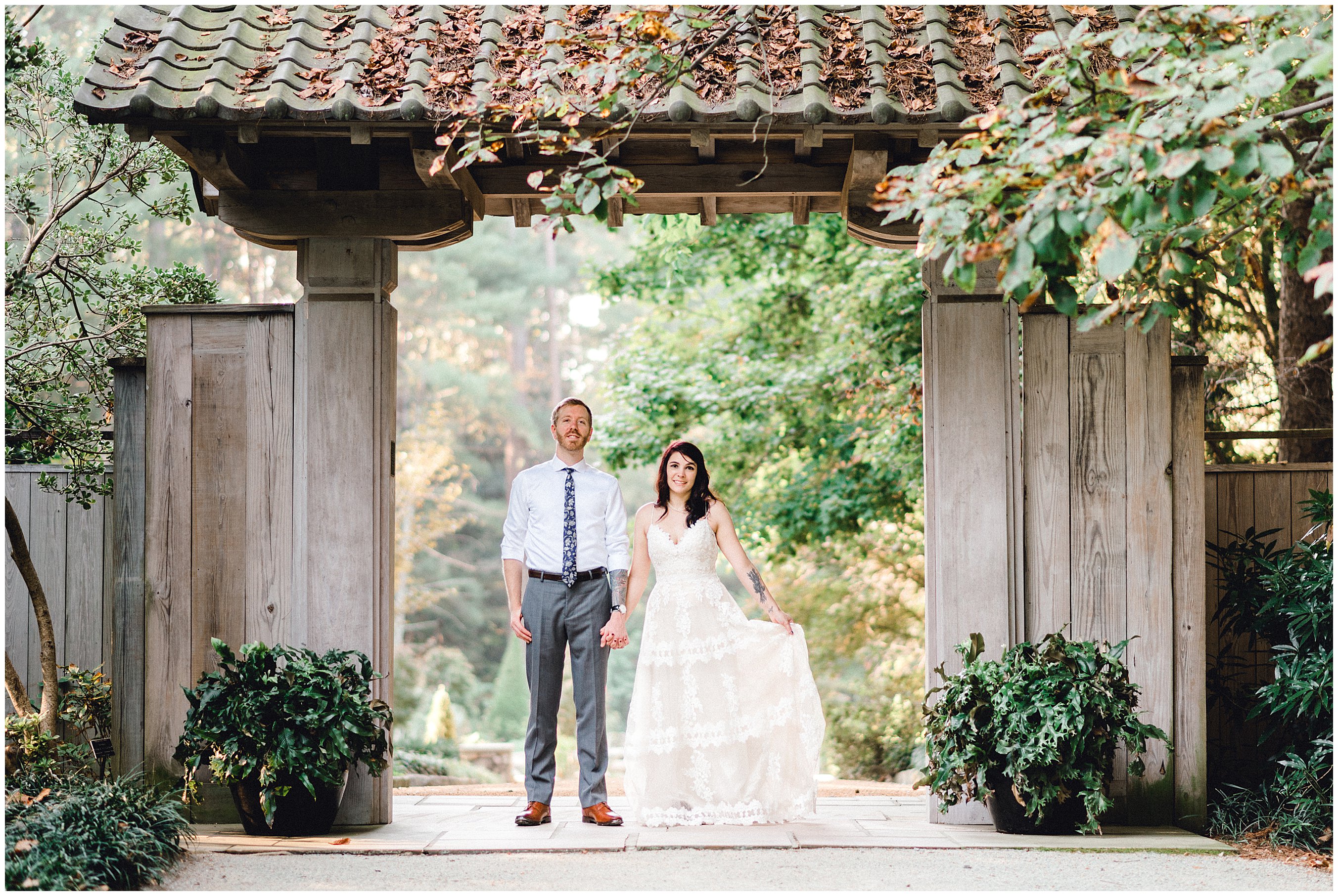 bride and groom at duke gardens